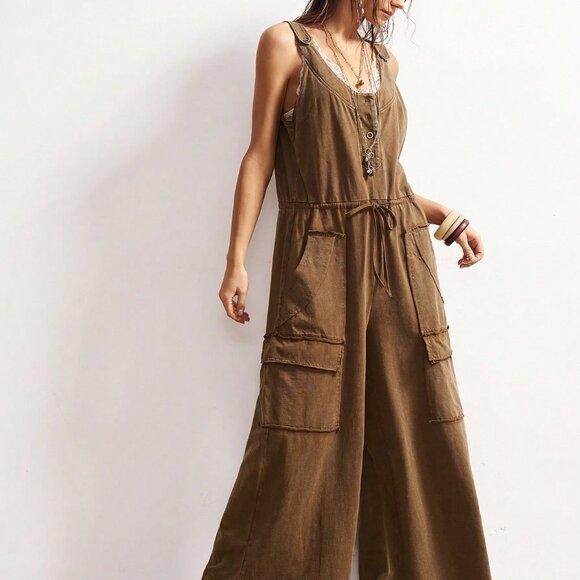 Khaki Casual Boho Women's Loose Washed Jumpsuit - Picture 3 of 7